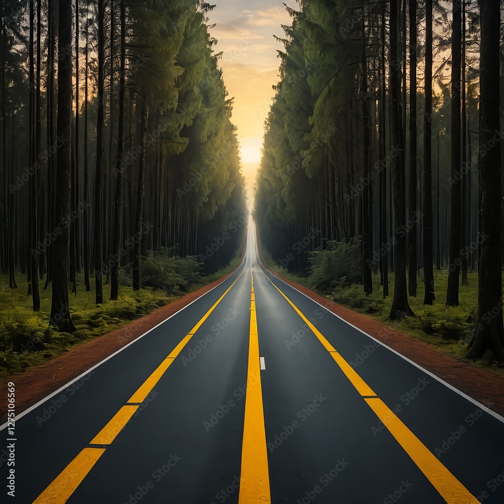 Obraz premium Road Through the Forest at Sunset