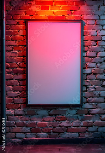 Blank Poster Frame on Brick Wall with Vivid Neon Lighting Effect