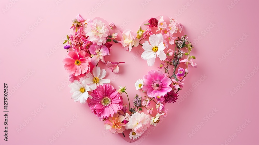 Pink heart-shaped card adorned with assorted flowers on a matching pink background, flat lay top-down view, high-resolution stock photo with professional color grading, clean sharp focus for intricat Pink heart-shaped card adorned with assorted flowers on a matching pink background, flat lay top-down view, high-resolution stock photo with professional color grading, clean sharp focus for intricat