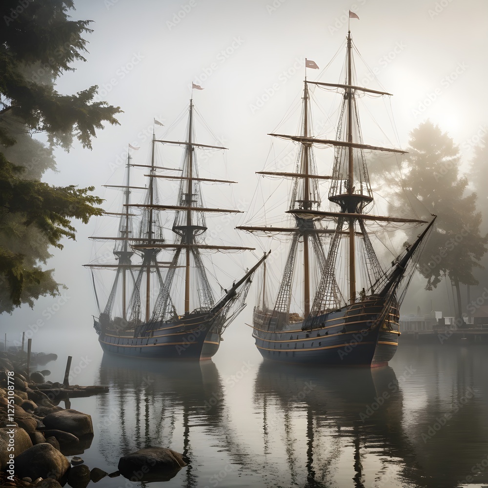 Obraz premium Two Tall Ships in Morning Mist