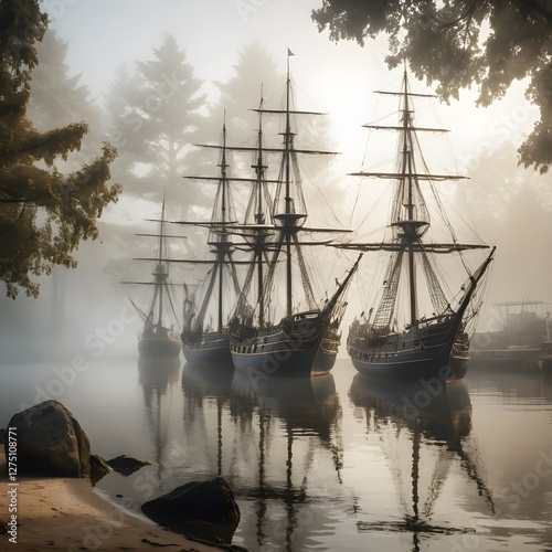 Wallpaper Mural Three Tall Ships in Morning Mist Torontodigital.ca