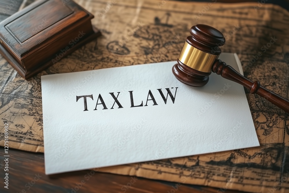 A photograph of a wooden gavel, a piece of white paper with the words tax law A photograph of a wooden gavel, a piece of white paper with the words tax law
