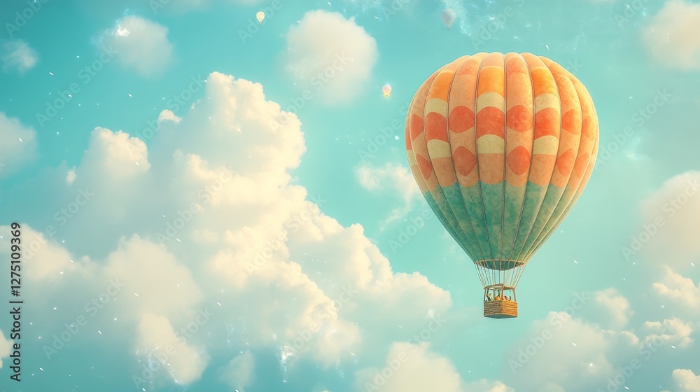Naklejka premium Whimsical Hot Air Balloon in a Vibrant Sky Among Fluffy Clouds