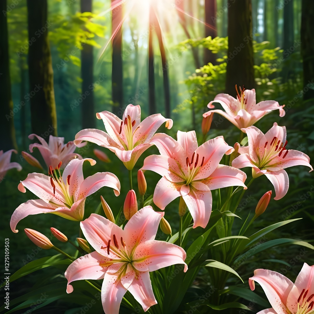 Fototapeta premium Pink Lilies in Sunlit Forest