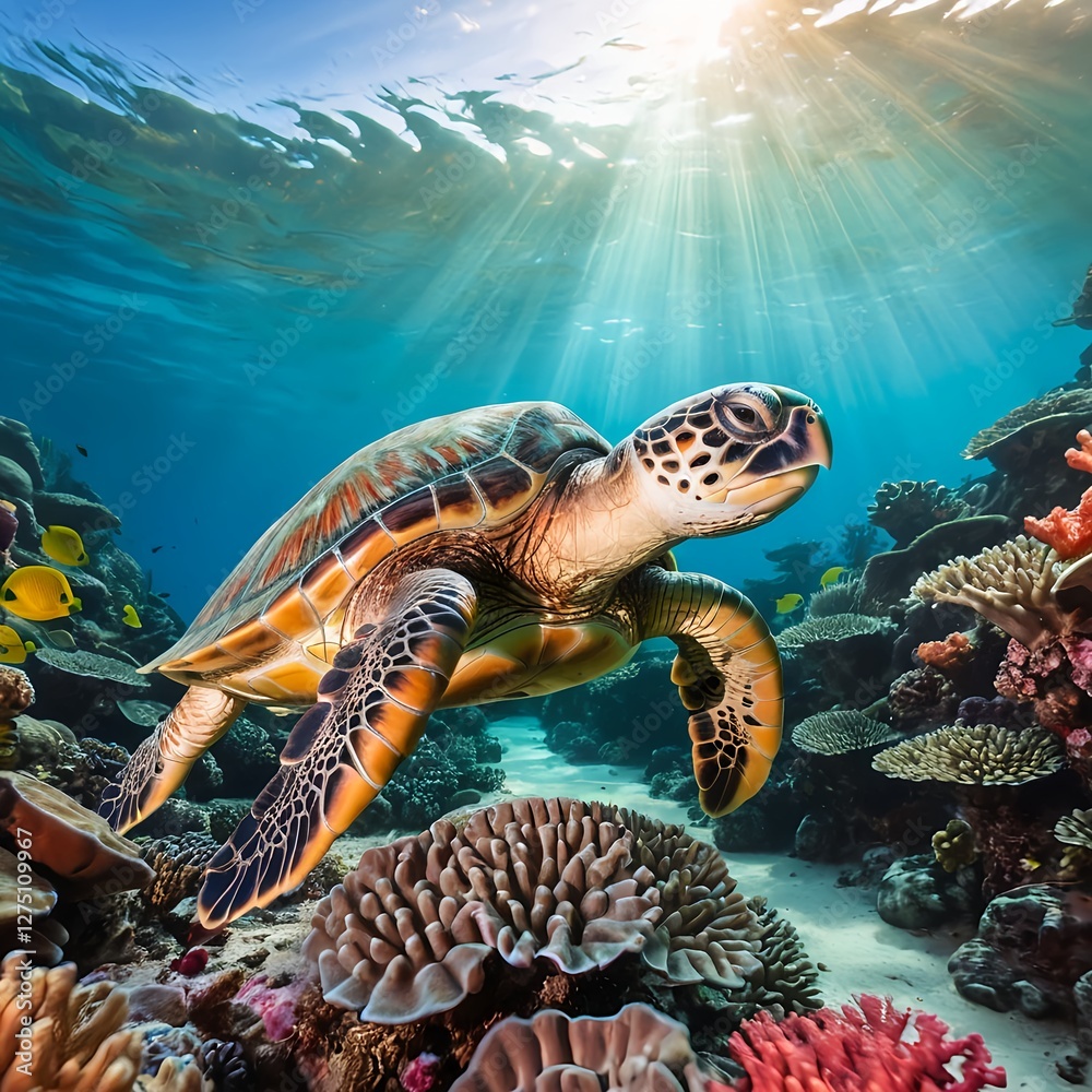 Fototapeta premium Majestic Sea Turtle Gracefully Swimming Through Vibrant Coral Reef