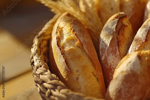 Close-up of golden brown baguettes in a woven basket on a wooden counter