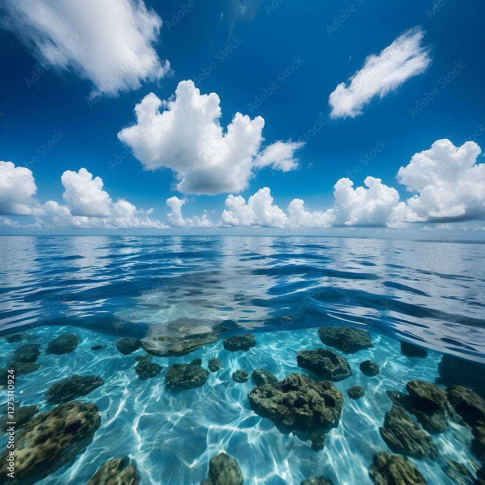Fototapeta premium Serene Seascape Underwater Rocks and Blue Sky