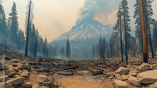 Forest fire damage, smoky mountain range, California wilderness photo