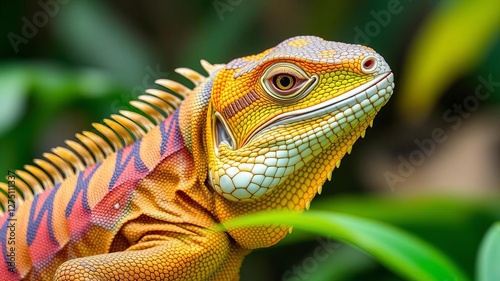 Close up of an iguana lizard displaying vibrant green scales and intricate patterns on its skin, creature, lizard, nature