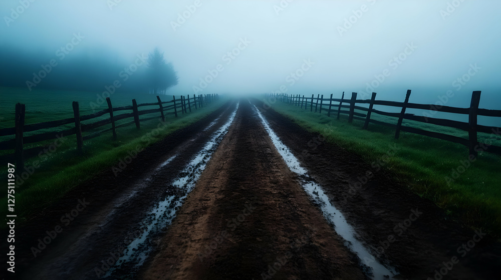 Fototapeta premium A misty rural pathway lined with wooden fences, inviting viewers to explore the serene landscape.