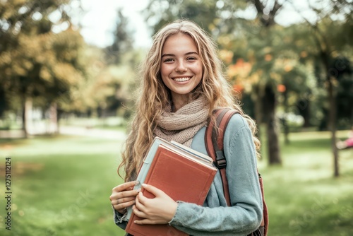 . A cheerful young woman standing in a park, clutching her books and backpack, ready for a new school day.