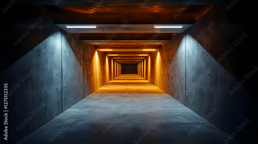 Fototapeta premium A modern concrete tunnel illuminated with warm and cool lighting, creating an intriguing and atmospheric perspective.