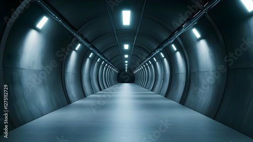 A modern, illuminated tunnel with sleek concrete walls and a clean floor, providing an atmosphere of mystery and exploration.