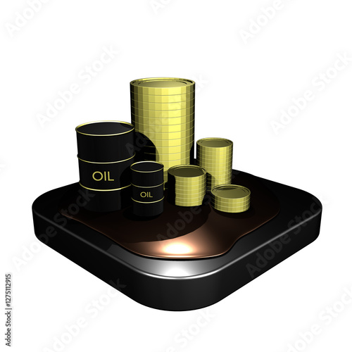 Oil Barrels and Golden Stacks: Conceptual art with an oil barrel alongside golden stacks on a reflective surface, all presented with a sense of luxury and wealth.
