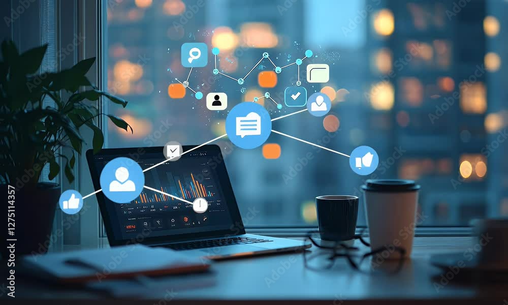 Modern workspace at night with laptop, social media icons, and city lights