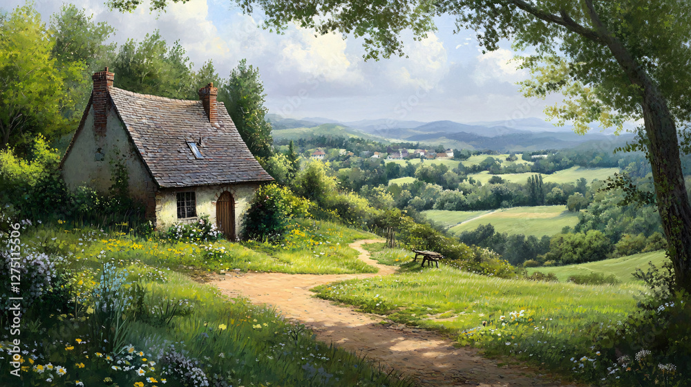 Fototapeta premium Scenic countryside landscape lush green fields rolling hills rural farmhouse golden sunset dramatic sky peaceful nature scenery artistic digital painting serene pastoral farm grass valley rustic foggy