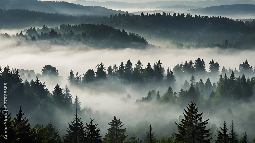 Obraz premium Foggy morning in the mountains with mist over the lake and trees, reflecting the peaceful winter sunrise