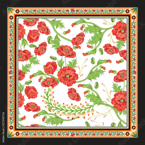 A decorative floral scarf pattern featuring red blossoms and green foliage, framed by a decorative border on a white background.