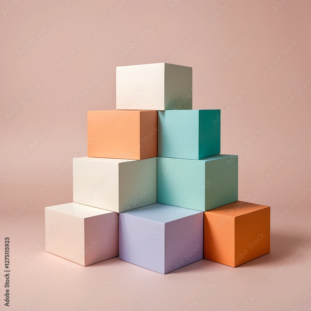 Fototapeta premium Pastel Colored Cubes Pyramid on Pink Background