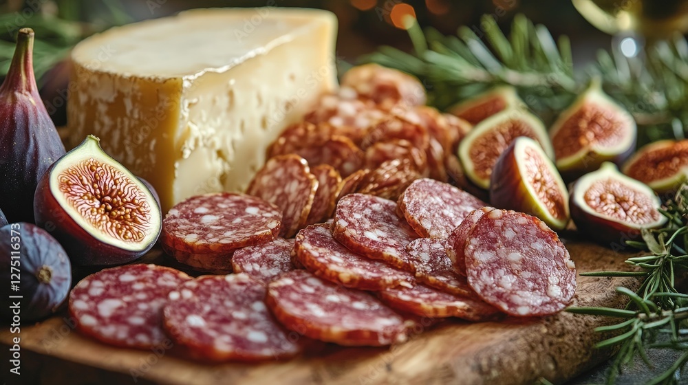 A gourmet platter featuring cheese, salami, figs, and herbs, perfect for entertaining. A gourmet platter featuring cheese, salami, figs, and herbs, perfect for entertaining.