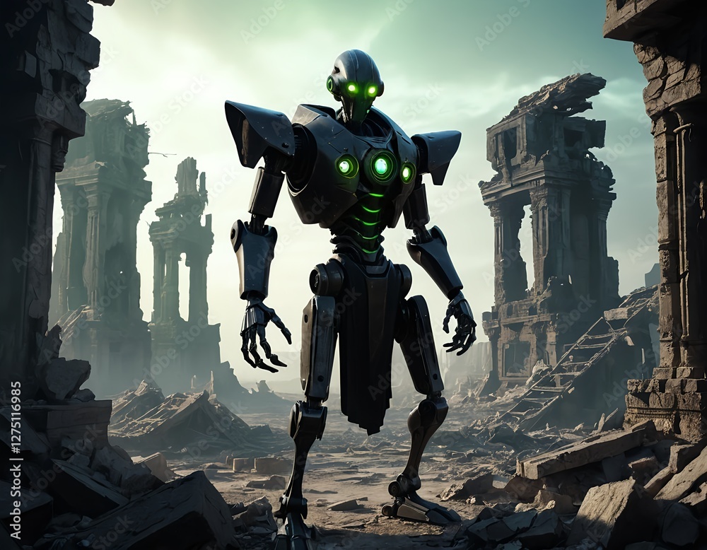 Naklejka premium Cybernetic Guardian in Post-Apocalyptic Ruins