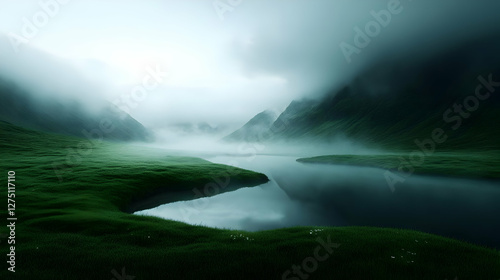 A serene misty landscape featuring lush green hills and a tranquil river reflecting the foggy sky, evoking a sense of calm and tranquility.