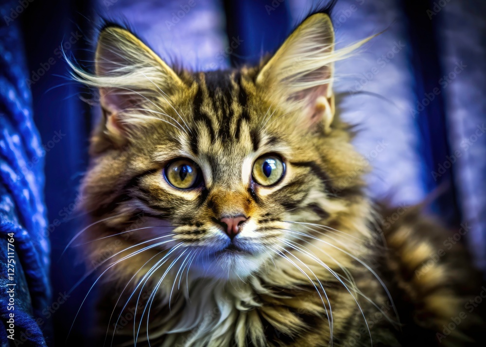 Close-up of a cute, long-haired tabby Norwegian Forest kitten; fluffy perfection in macro photography. Close-up of a cute, long-haired tabby Norwegian Forest kitten; fluffy perfection in macro photography.