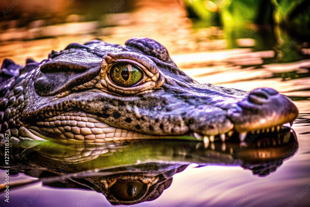 Fototapeta premium Close-up silhouette of a crocodile's head, a menacing aquatic predator lurking in the shadows.