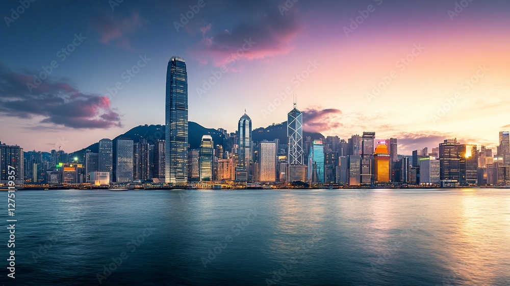Fototapeta premium Hong Kong cityscape at dusk with beautiful sunset colours over the ocean