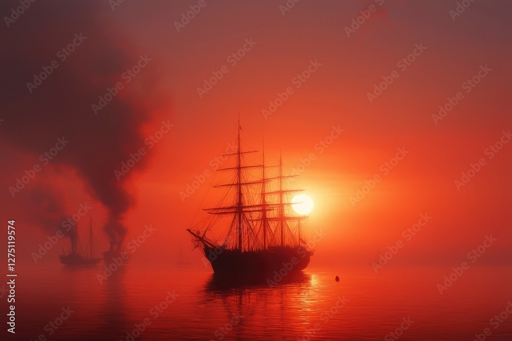 Ship sailing during sunset on ocean with a foggy background for adventure use Ship sailing during sunset on ocean with a foggy background for adventure use