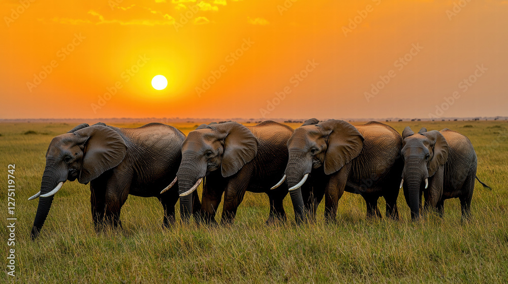 Fototapeta premium A herd of elephants walks across a golden savanna, silhouetted against a vibrant sunset sky.