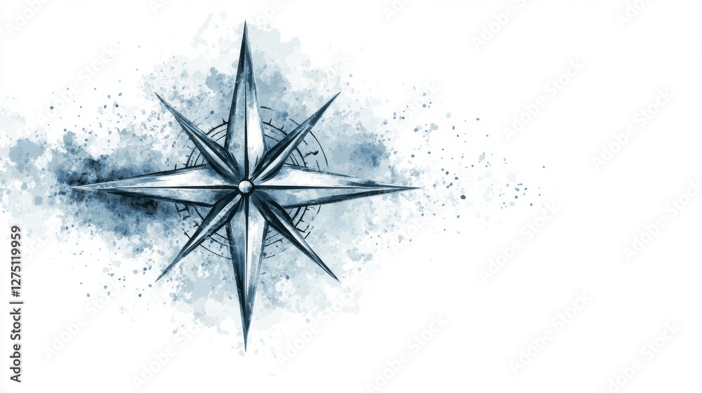 Fototapeta premium Stylized compass design with watercolor effect and blue tones