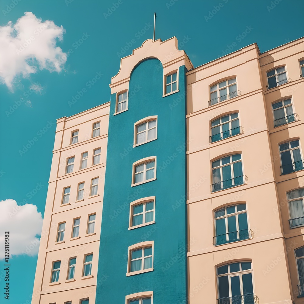 Fototapeta premium Pastel Building Facade with Teal Accent, Sunny Sky