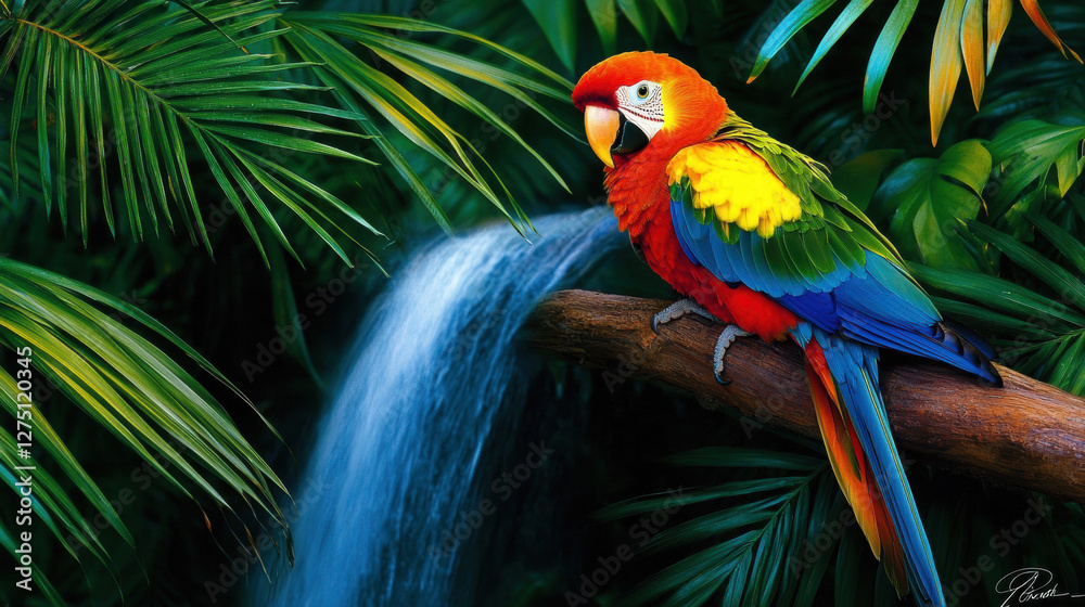 Fototapeta premium A vibrant parrot perched on a branch near a waterfall, surrounded by lush green foliage, showcasing colorful feathers in a tropical setting.