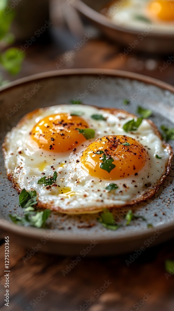 Fried Eggs on Plate, Breakfast, Wooden Table, Background of Food Fried Eggs on Plate, Breakfast, Wooden Table, Background of Food