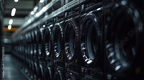 Industrial laundry machines in a large warehouse photo