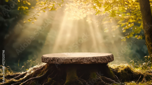 A serene forest scene featuring a tree stump illuminated by sunlight filtering through vibrant leaves  creating a peaceful atmosphere.