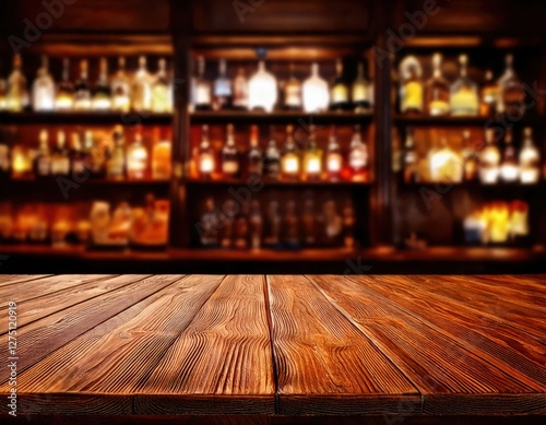 wooden surface of a bar with a backdrop of alcohol bottles, inviting and ready for a night of drinks and enjoyment