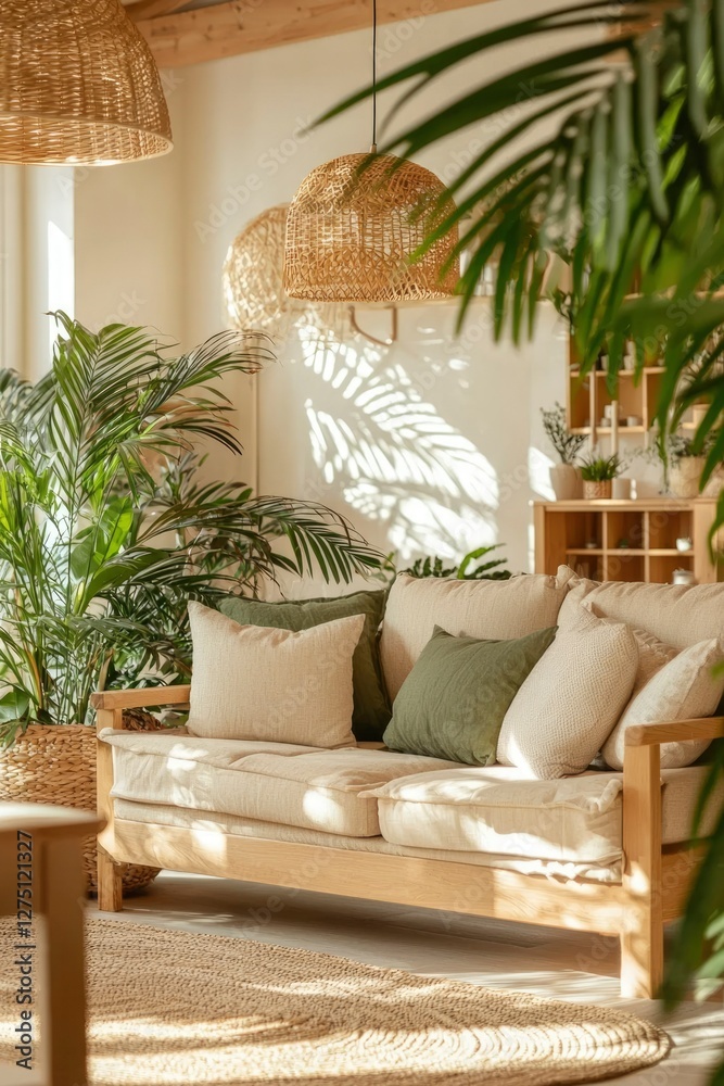 Fototapeta premium Cozy living room with sunlight, plants and cushions, for a relaxing vacation