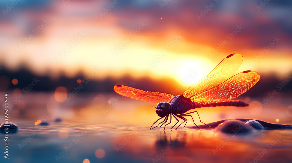 A stunning dragonfly perched on a shimmering surface at sunset, showcasing vibrant colors and intricate details in nature. A stunning dragonfly perched on a shimmering surface at sunset, showcasing vibrant colors and intricate details in nature.