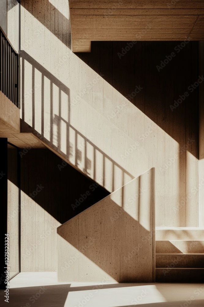 Concrete staircase with bright sunlight casts shadows, inside architecture element Concrete staircase with bright sunlight casts shadows, inside architecture element