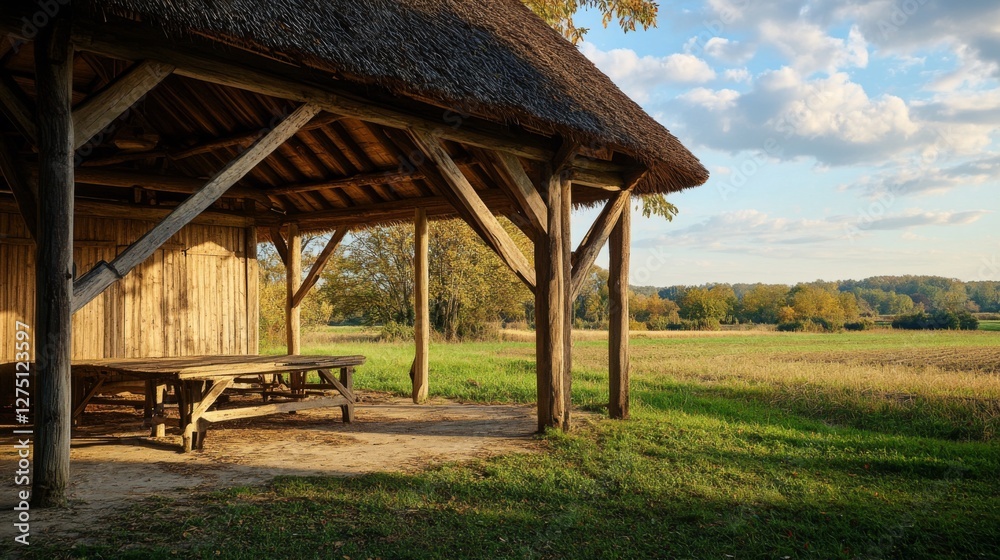 Wooden thatched barn picnic area countryside landscape Wooden thatched barn picnic area countryside landscape