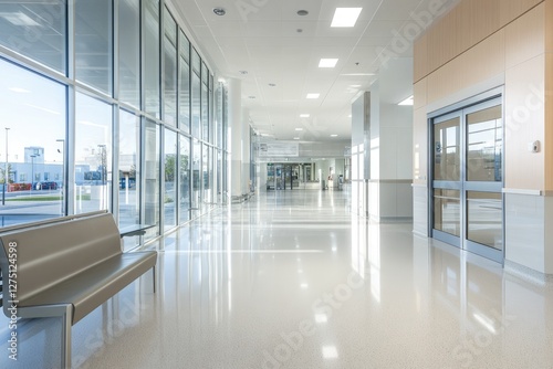 Modern hospital hallway with large windows and benches  light and spacious