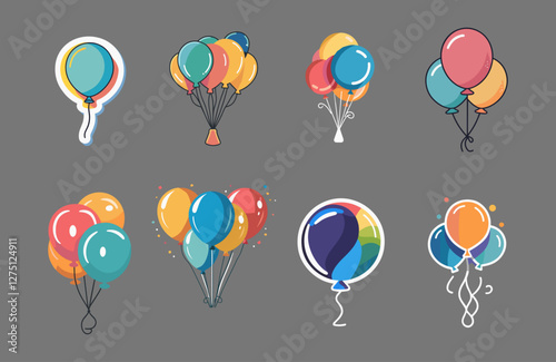 Icons sets collection of colorful balloon illustrations in various arrangements on a gray background, showcasing festive and playful designs perfect for celebrations