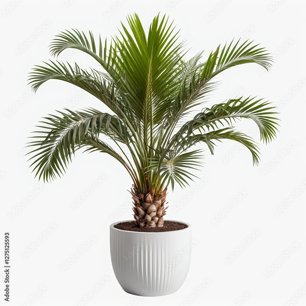 Potted Palm Tree in White Planter, Isolated on White Background Potted Palm Tree in White Planter, Isolated on White Background