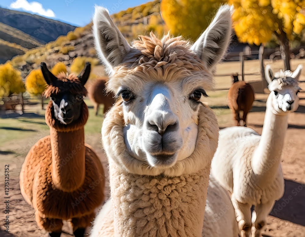 Obraz premium Friendly Alpaca Close-up in Autumn Landscape