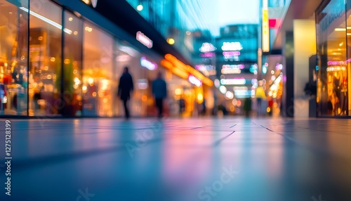 Blurred city street scene at night featuring bright colorful lights