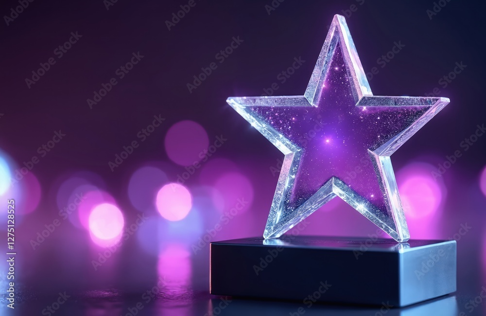 Crystal star trophy on purple bokeh background. Shiny star shape award with elegant bright design for grand prize, victory celebration, success reward. Crystal star trophy on purple bokeh background. Shiny star shape award with elegant bright design for grand prize, victory celebration, success reward.