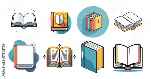 Icons sets collection of colorful illustrations of books in various positions, including open, closed, and partially open, with unique artistic designs on a white background