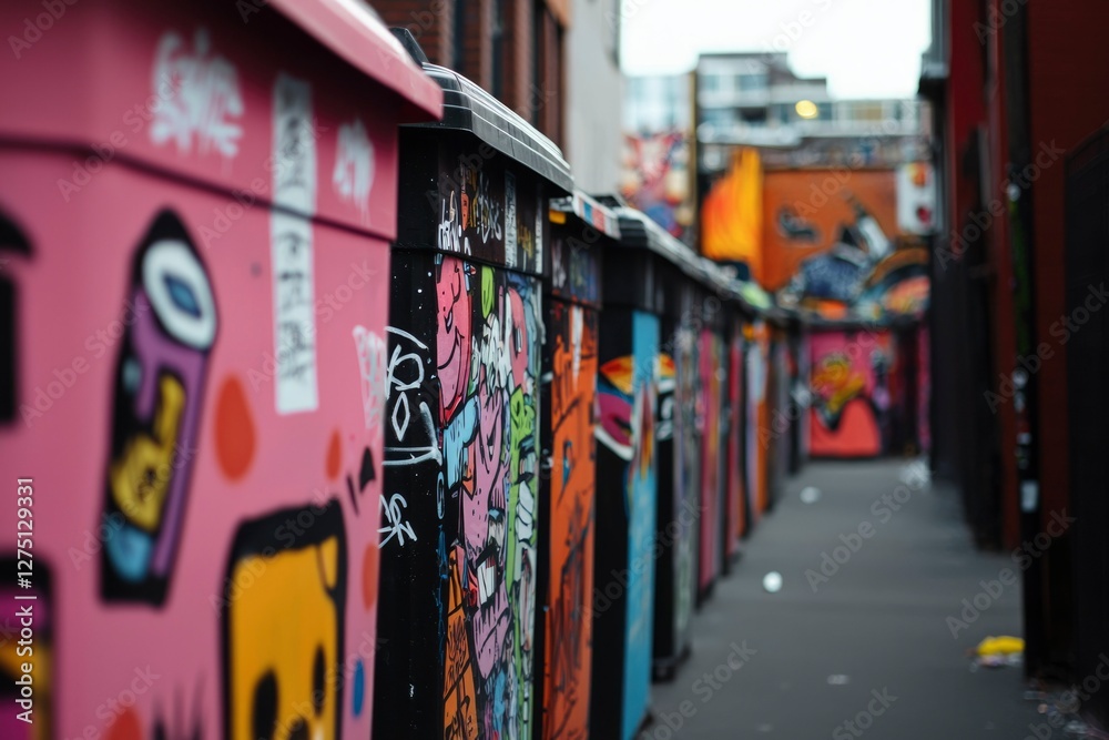 Naklejka premium Colorful graffitied garbage bins aligned in alleyway with artistic buildings